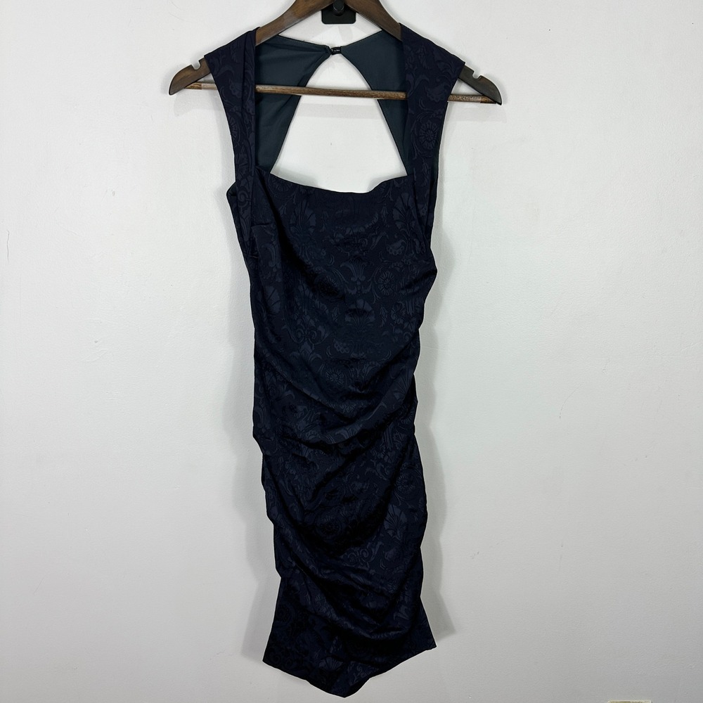 Vtg Y2K Nicole Miller Collection Floral Ruched Mini Dress Dark Feminine Showgirl